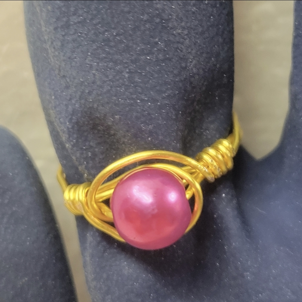 Handcrafted Gold Wire and Pink Faux Pearl Ring